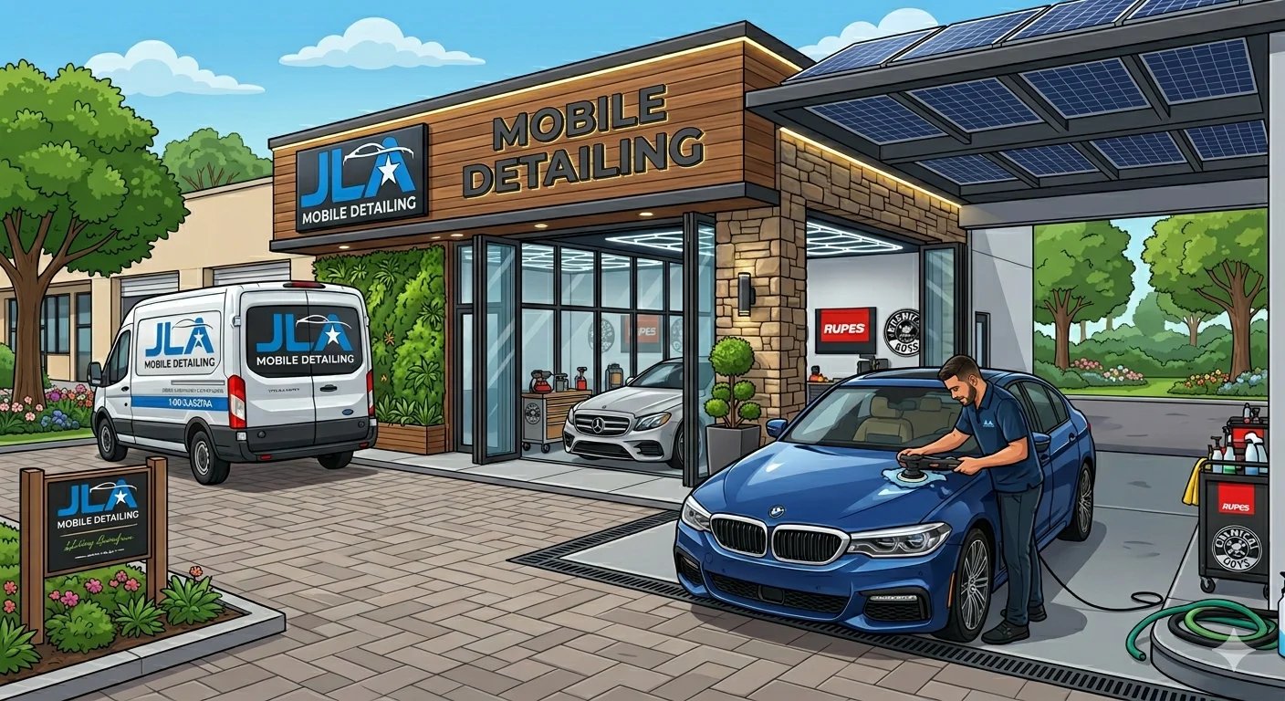 Mobile car detailing shop with technician washing a blue BMW sedan under covered carport, white service van in background