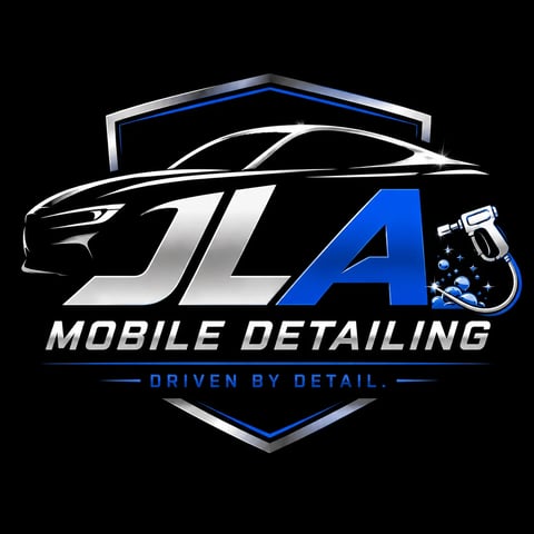 JLA Mobile Detailing logo featuring a sleek car, blue and white lettering, detailing tools, and shield badge on black background